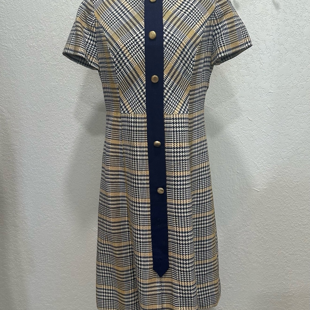 Vintage Chic Plaid Mini Dress with Navy and Gold Button Details